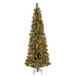 National Tree Company Pre-Lit Artificial Slim Christmas Tree, Glittering Pine, Green, Multicolor Lights, Decorated With Pine Cones, Ball Ornaments, Includes Stand, 9 Feet