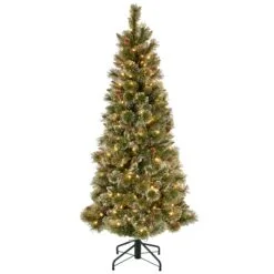 National Tree Company Pre-Lit Artificial Slim Christmas Tree, Glittering Pine, Green, White Lights, Decorated With Pine Cones, Includes Stand, 5 Feet