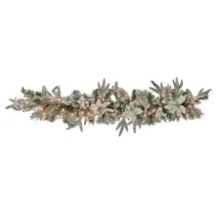 National Tree Company Pre Lit Artificial Garland, Colonial, Green, Frosted, Decorated With White Berry Clusters, Magnolia Flower Blooms, Warm White LED Lights, Battery Powered, Christmas Collection, 4 Feet