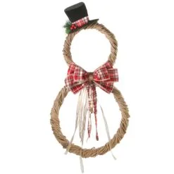 National Tree Company Jute Snowman Holiday Christmas Wall Decor, Rustic, With Red Plaid Ribbons And Beaded Cords, 18 In