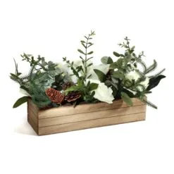 National Tree Company Mixed Greens And White Flowers Christmas Arrangement With Wood Box Base, 23 In