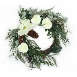 National Tree Company Artificial Mixed Greens And White Flowers Christmas Wreath, Decorated With Roses, Magnolia Flower Blooms, Pinecones, 26 In