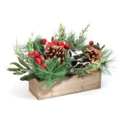 National Tree Company Christmas Mixed Pine And Berries Arrangement With Wood Box Base, 16 In