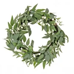 National Tree Company Artificial Mixed Green Leaves Christmas Wreath, Decorated With White Berry Clusters, Woven Branch Base, 24 In