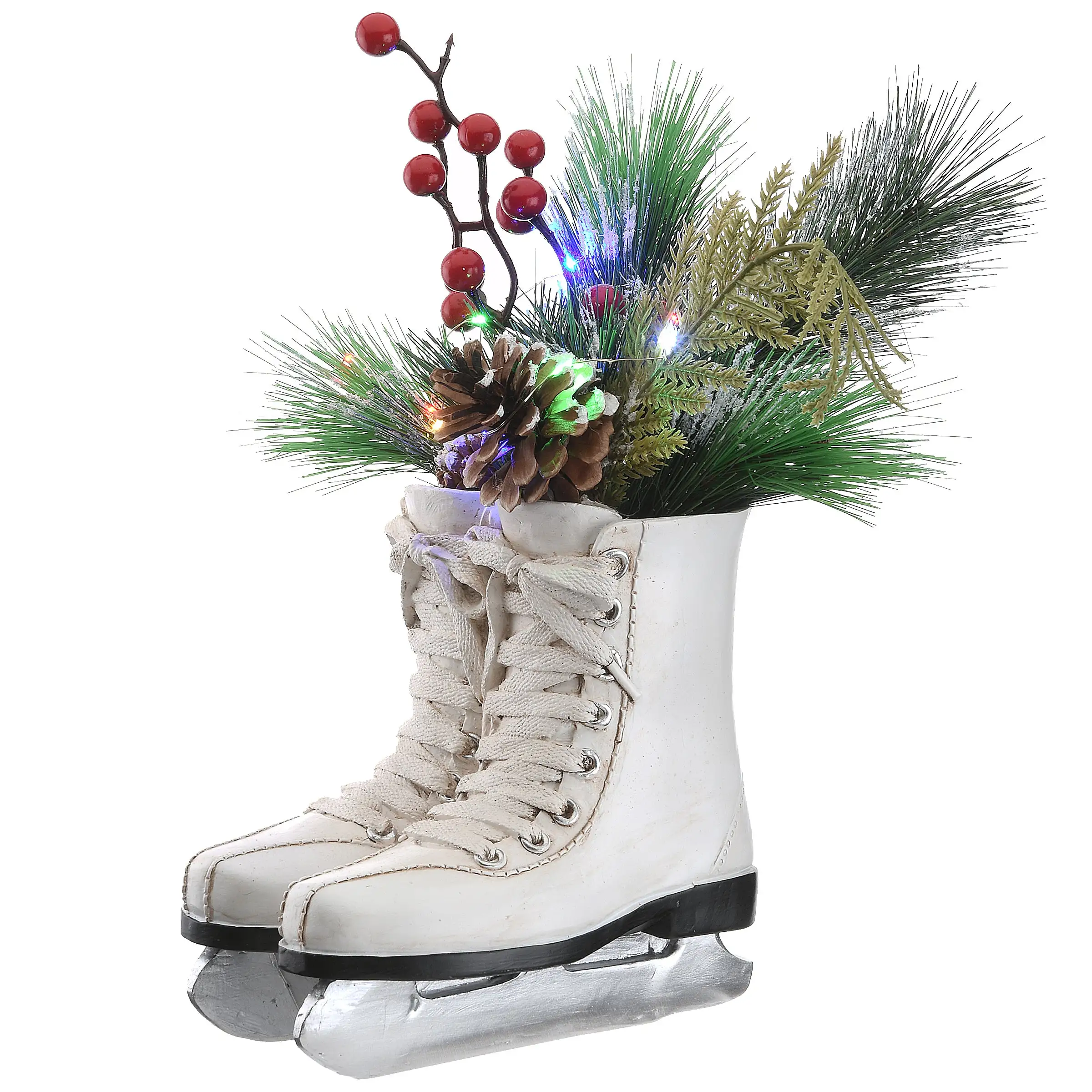 National Tree Company 12" Pre-Lit White Ice Skates With Evergreen Arrangement