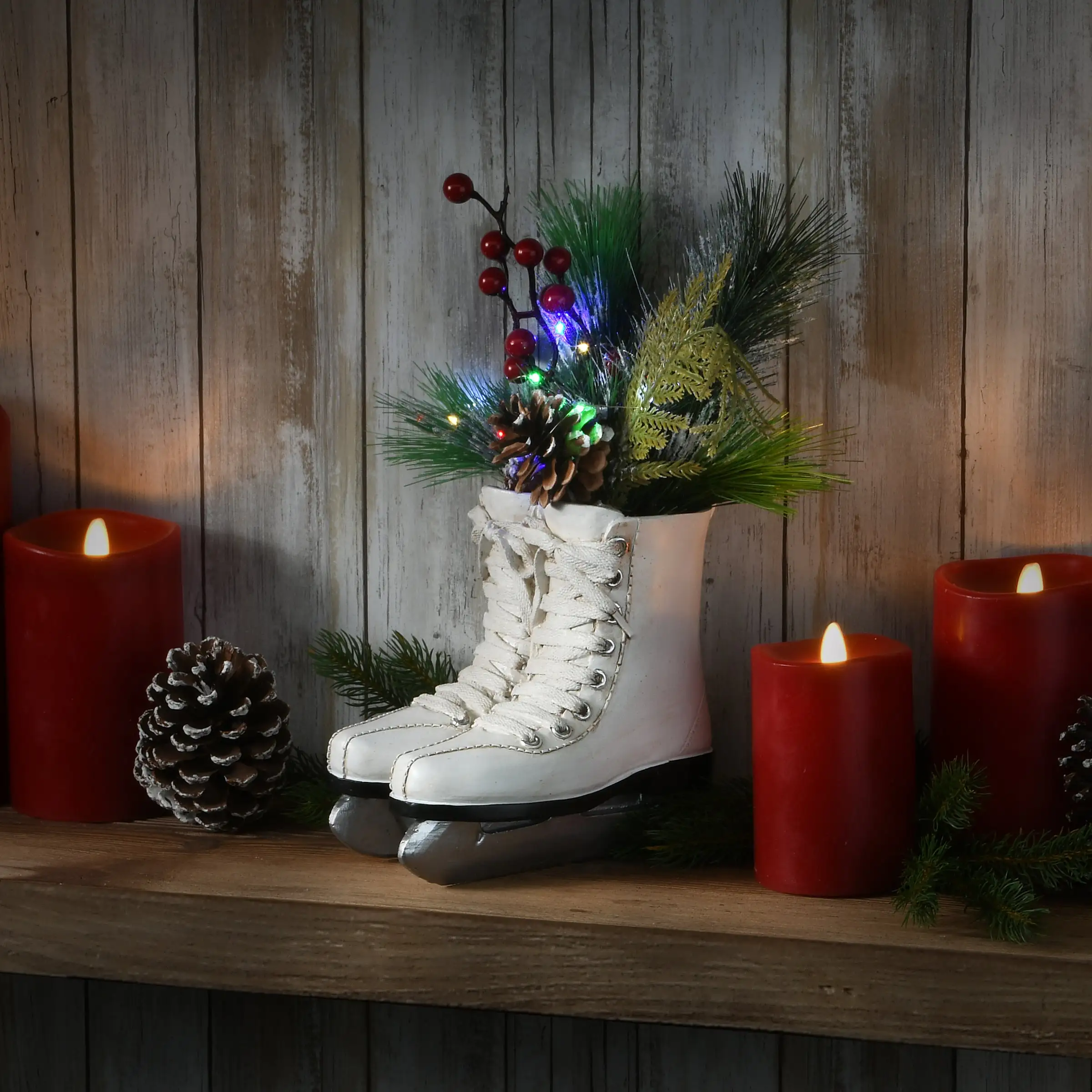 National Tree Company 12" Pre-Lit White Ice Skates With Evergreen Arrangement - Image 2