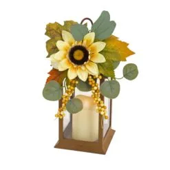 National Tree Company 13"Harvest Harvest Lantern With Sunflower, Maple Leaves, Eucalyptus, Berry