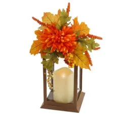 National Tree Company 14"Harvest Harvest Lantern With Mum Flower, Mixed Leaves, Berry