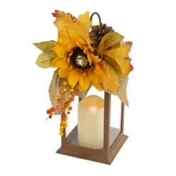 National Tree Company 14"Harvest Harvest Lantern With Sunflower, Mixed Leaves, Pinecone, & Bow