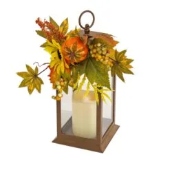 National Tree Company 14"Harvest Harvest Lantern With Sunflower, Mixed Leaves, Berry & Pumpkin