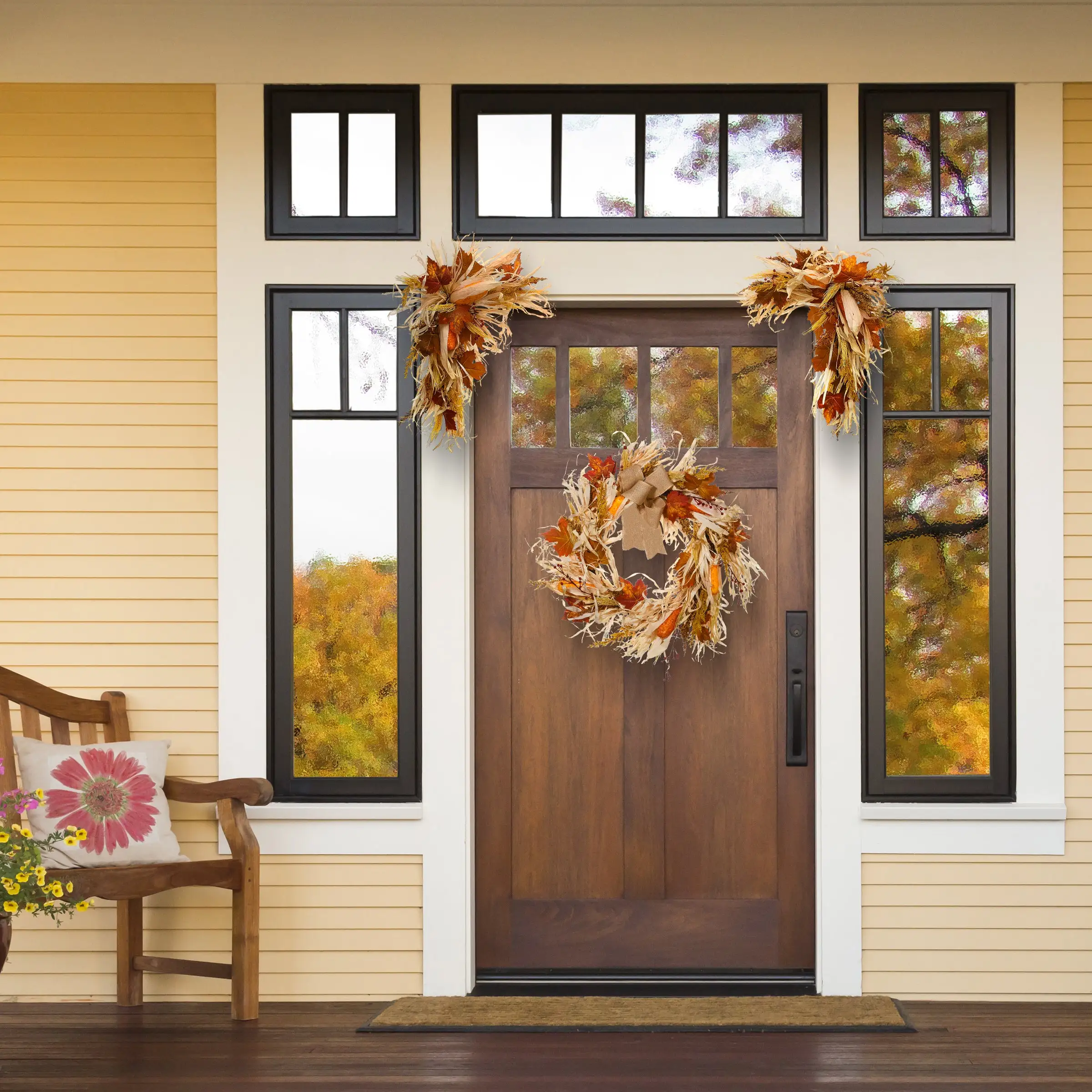 National Tree Company Artificial Autumn Door Corners, Set Of 2, Decorated With Corn Husks, Raffia Leaves, Berry Clusters, Harvest Collection, 24 Inches - Image 2