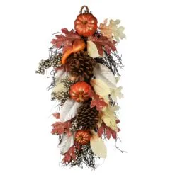 National Tree Company Fall Teardrop Wall Decoration, Decorated With Pumpkins, Pine Cones, Berry Clusters, Maple Leaves, Autumn Collection, 24 In