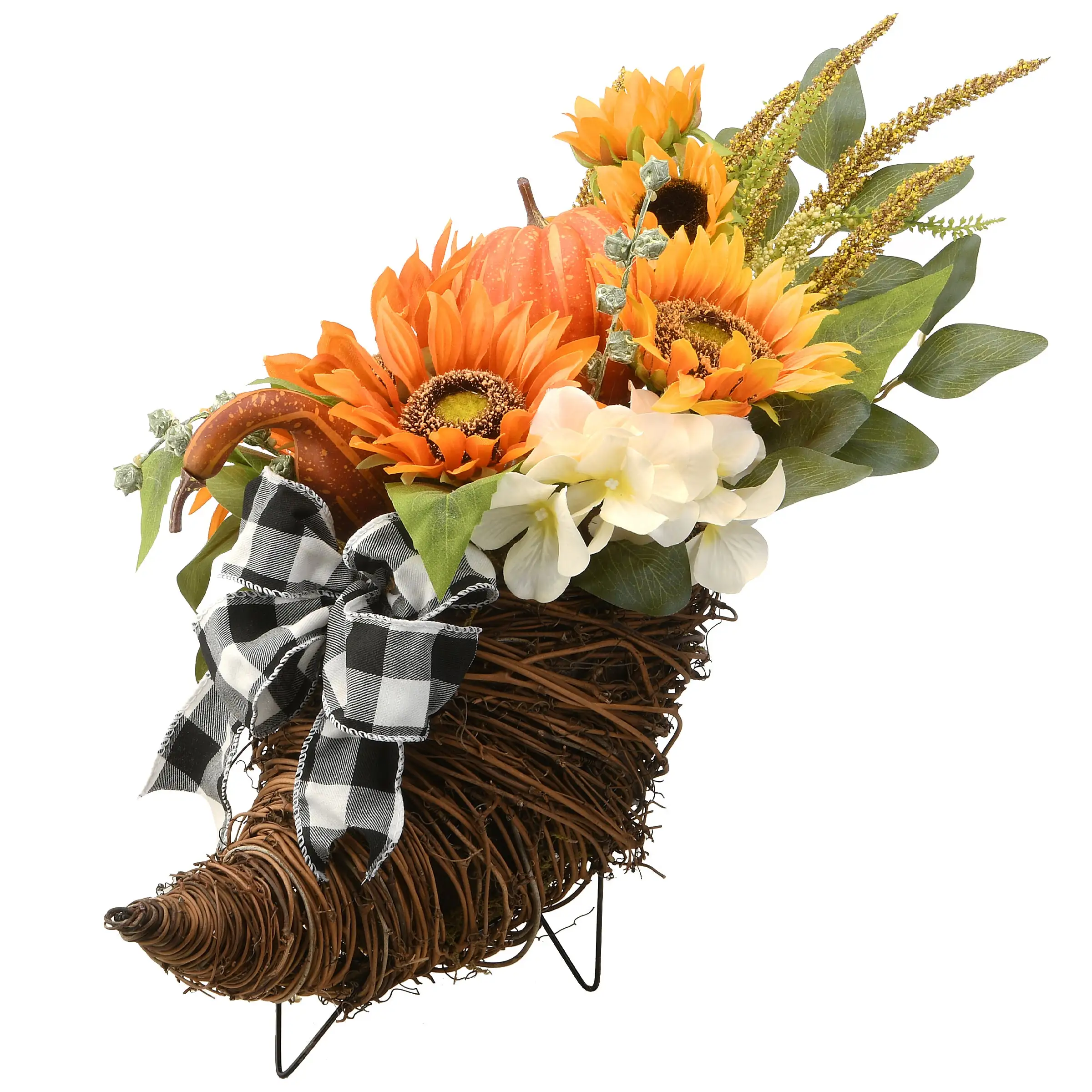 National Tree Company Artificial Wicker Cornucopia Basket Decoration, Decorated With Pumpkins, Sunflower Blooms, Assorted Leaves, Autumn Collection, 20 Inches