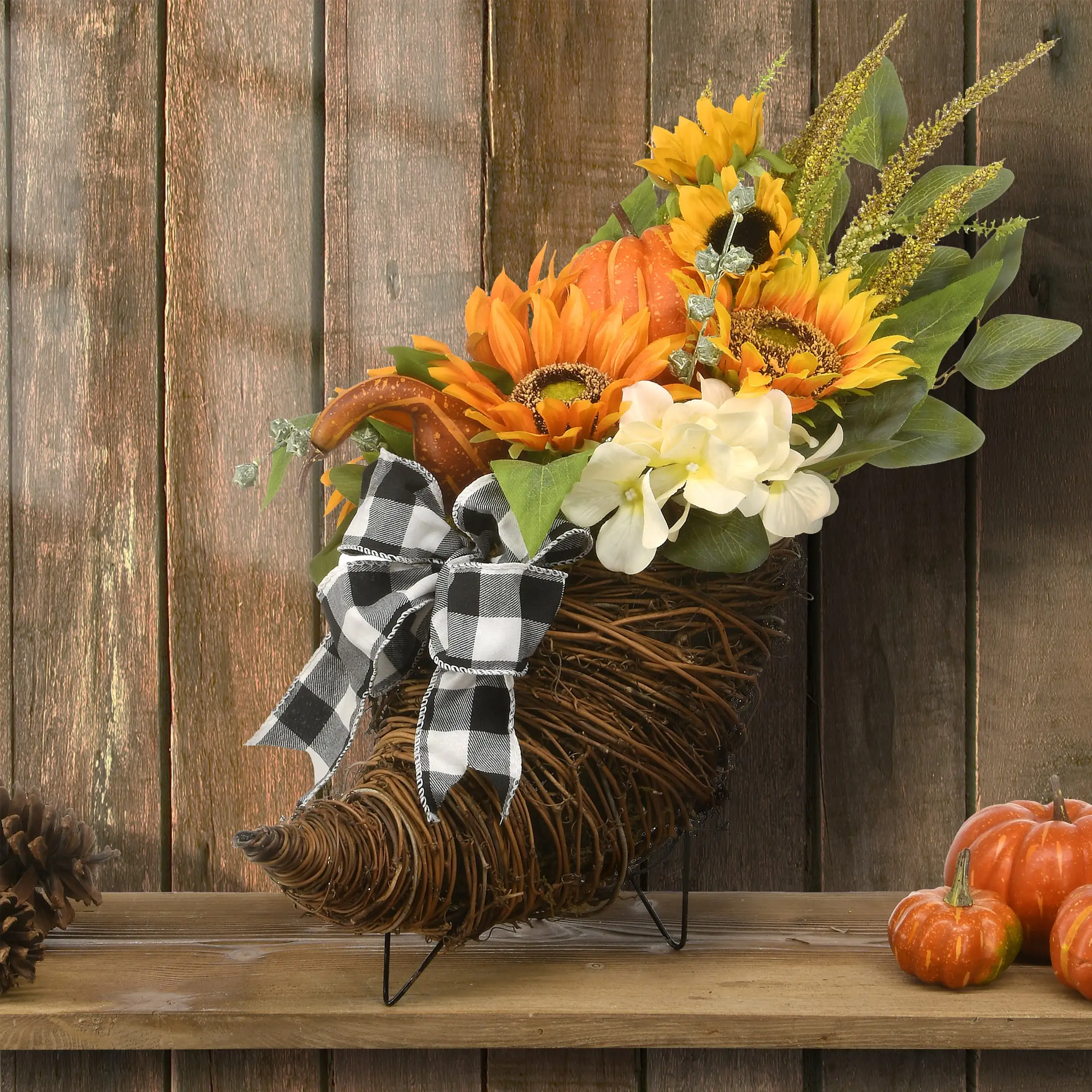 National Tree Company Artificial Wicker Cornucopia Basket Decoration, Decorated With Pumpkins, Sunflower Blooms, Assorted Leaves, Autumn Collection, 20 Inches - Image 2