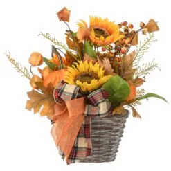 National Tree Company Artificial Flowers In Wicker Basket, Decorated With Pumpkins, Gourds, Sunflower Blooms, Burlap Bows, Maple Leaves, Autumn Collection, 16 In