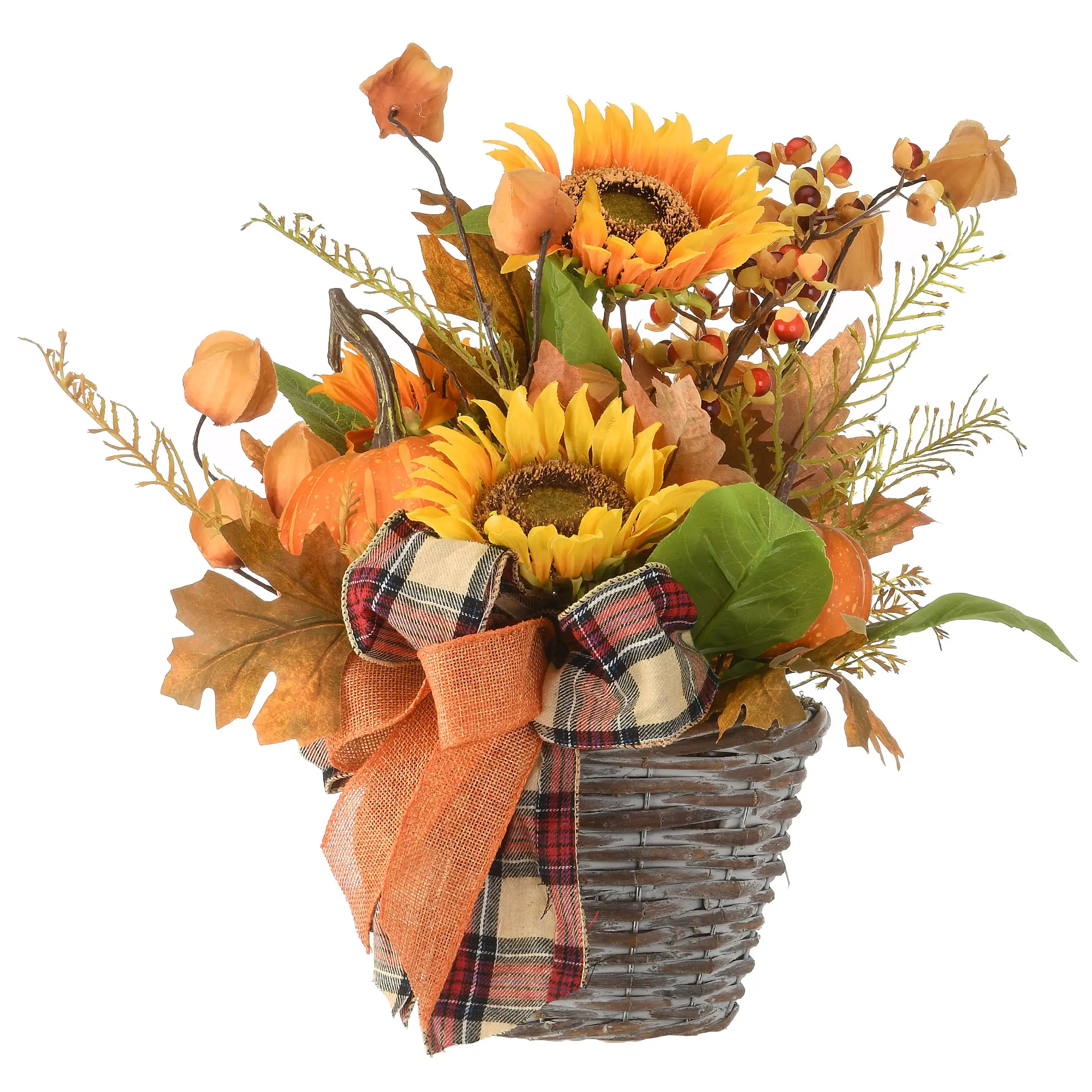 National Tree Company Artificial Flowers In Wicker Basket, Decorated With Pumpkins, Gourds, Sunflower Blooms, Burlap Bows, Maple Leaves, Autumn Collection, 16 In
