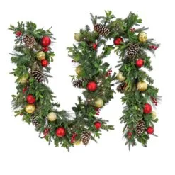 National Tree Company Pre Lit Artificial Garland, Rural Homestead, Green, Decorated With Red And Gold Ball Ornaments, Frosted Pine Cones, Berry Clusters, Warm White LED Lights, Battery Powered, Christmas Collection, 9 Feet