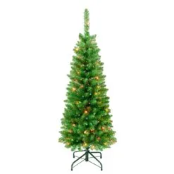 National Tree Company First Traditions Pre-Lit Rowan Pencil Slim Christmas Tree, Multicolor Incandescent Lights, Plug In, 4.5 Ft