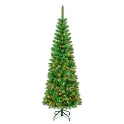 National Tree Company First Traditions Pre-Lit Rowan Pencil Slim Christmas Tree, Multicolor Incandescent Lights, Plug In, 6 Ft