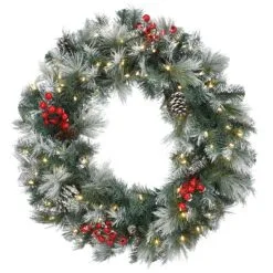National Tree Company Pre-Lit Artificial Christmas Wreath, Green, Snowy Glacier Pine, White Lights, Decorated With Pine Cones, Berry Clusters, Frosted Branches, Christmas Collection, 30 Inches