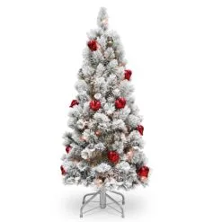 National Tree Company Pre-Lit Artificial Christmas Tree, Snowy Bristle Pine, Green, Decorated With Frosted Branches, Pine Cones, White Lights, Includes Stand, 4.5 Feet
