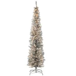 National Tree Company Pre-Lit Artificial Christmas Tree, Silver Tinsel, White Lights, Includes Stand, 7 Feet