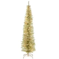 National Tree Company Pre-Lit Artificial Christmas Tree, Champagne Gold Tinsel, White Lights, Includes Stand, 7 Feet