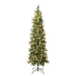 National Tree Company First Traditions Pre-Lit Virginia Blue Pine Slim Christmas Tree With Hinged Branches, Warm White LED Lights, Plug In, 7.5 Ft