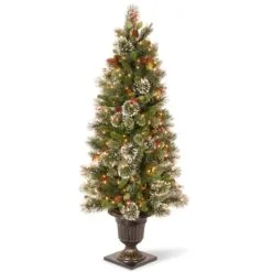National Tree Company Pre-Lit Artificial Entrance Christmas Tree, Wintry Pine, Green, White Lights, Decorated With Berry Clusters, Pine Cones, Includes Metal Base, 5 Feet